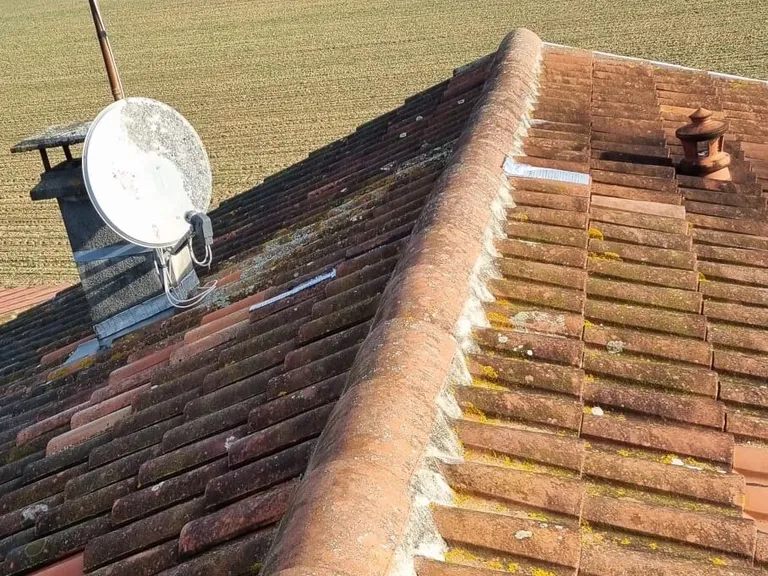 Ancien faîtage scellé au mortier, dégradé, sur des tuiles couvertes de mousse